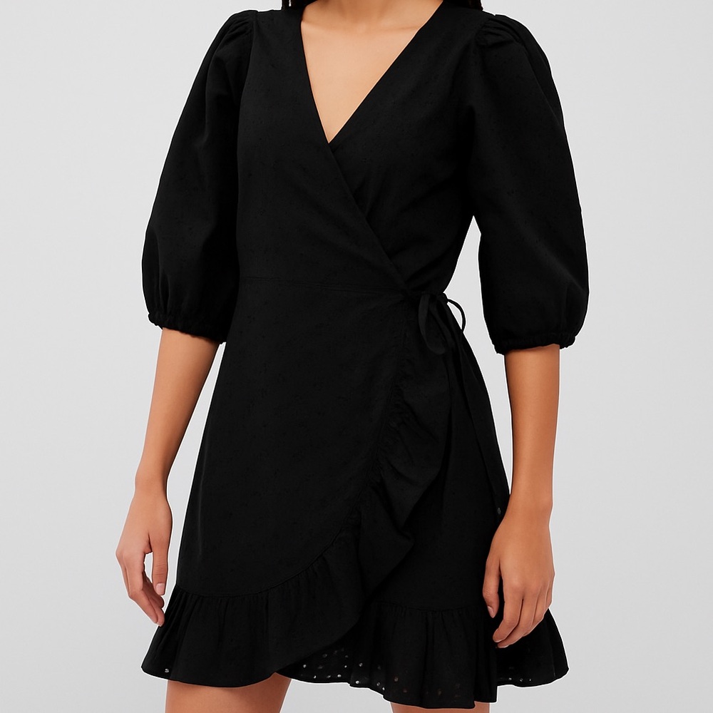 NWT Gap Black Eyelet Wrap 3/4 Length Sleeve Mini Cottagecore Dress Women’s XXS